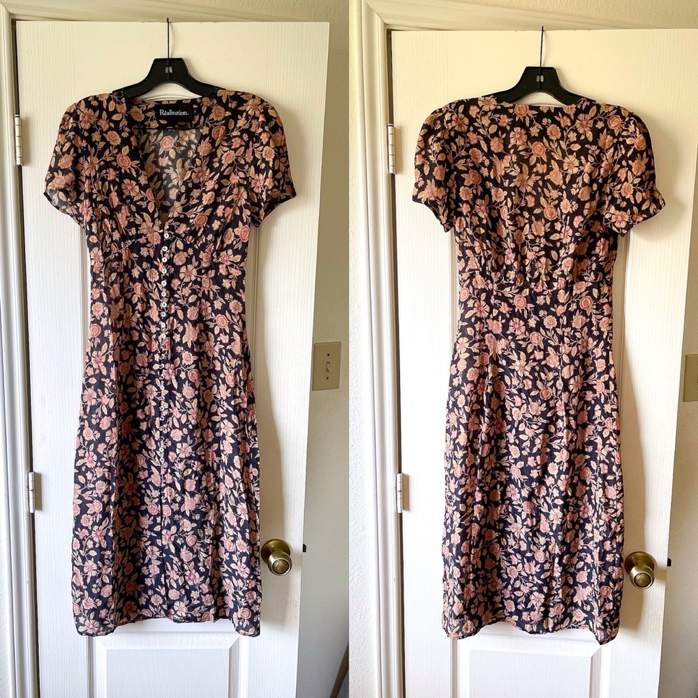 Realisation The Monica Silk Floral Midi Dress Fantasy Black Pink Small EUC - Picture 2 of 14